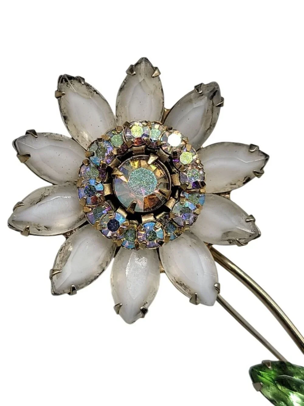 Juliana Daisey Flower Brooch Vintage D & E White Green AB Rhinestones Gold Tone